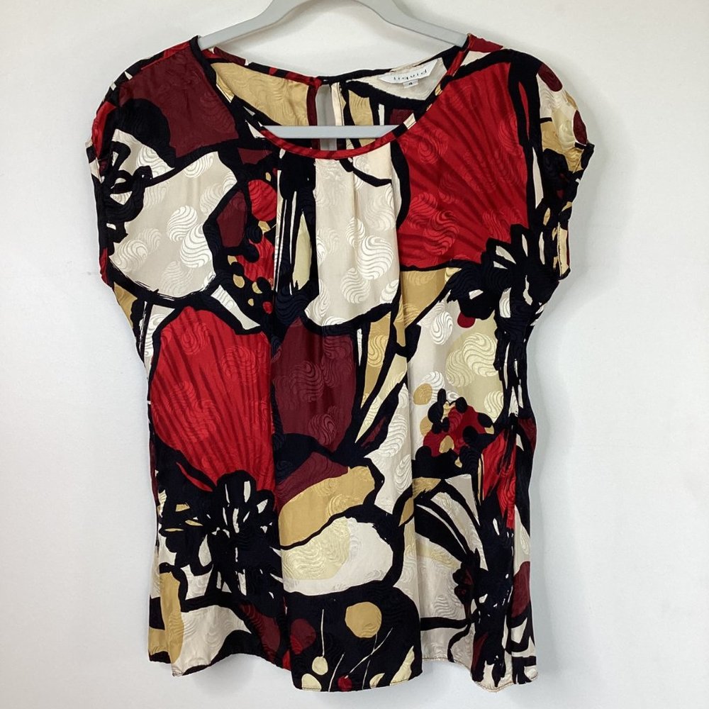 Liquid 100% Silk Retro Abstract Print Cap Sleeve Blouse - Size 4